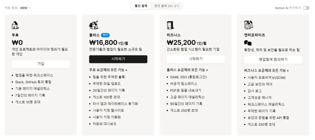 노션 요금제 및 비용